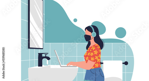 Woman working on laptop in bathroom, wearing face mask and headphones. Perfect for articles on remote work, hygiene, or multitasking.