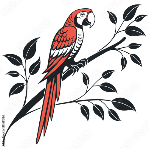 Red macaw parrot perched on a branch with leaves