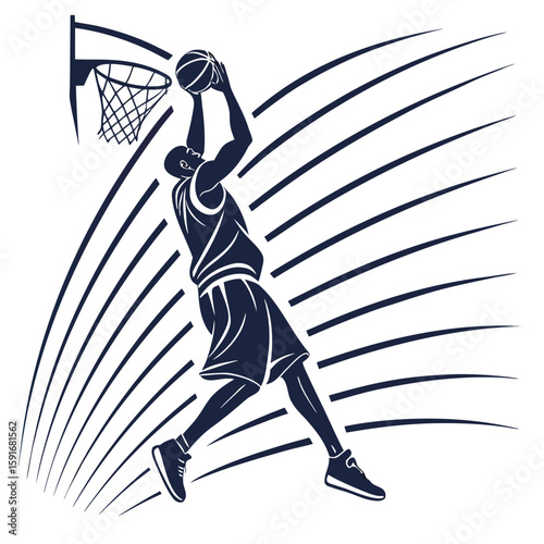 Energetic silhouette of a basketball player dunking with motion lines, ideal for sports, action, and athletic performance themes.