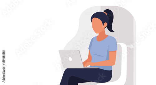 Woman working on laptop in bathroom -  illustration for blog post or website.