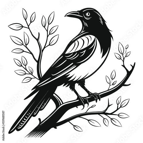 Black and white magpie bird perched on a branch