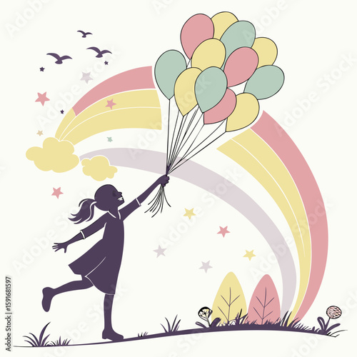 Joyful silhouette of a girl holding colorful balloons under a rainbow with stars and birds, perfect for childhood, happiness, and whimsical nature themes.