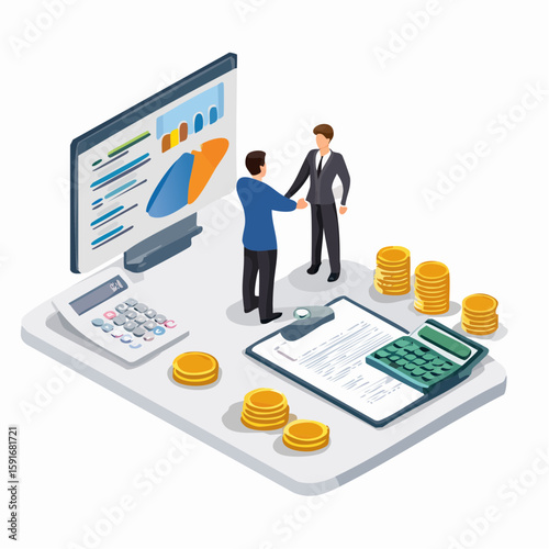 Isometric business scene- salesman offering financial product to customer, handshake