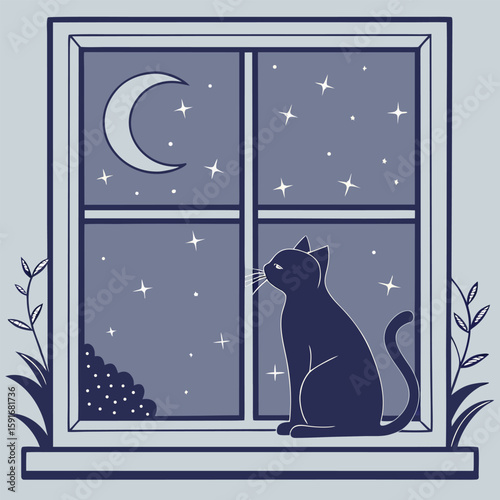 Charming silhouette of a cat gazing out a window at a starry night with a crescent moon, perfect for pet, night, and cozy themes.