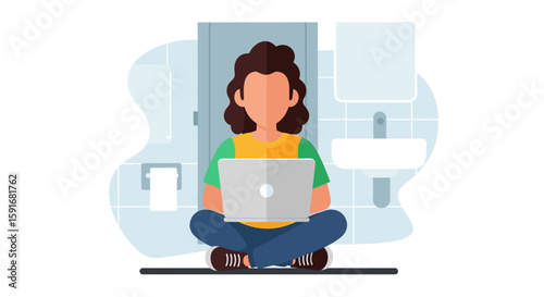 Person working on laptop in a bathroom - perfect for illustrating remote work or flexible work styles.