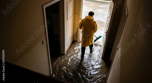 Person Mops Flood Water Inside Building