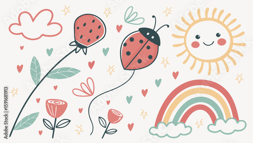 A charming illustration featuring colorful flowers, a ladybug, a cheerful sun, and a rainbow in a playful style.