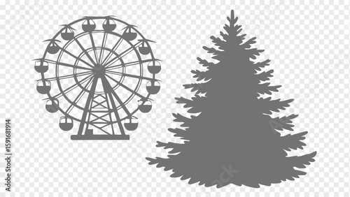 Silhouettes of a Ferris wheel and a Christmas tree, conveying a festive atmosphere.