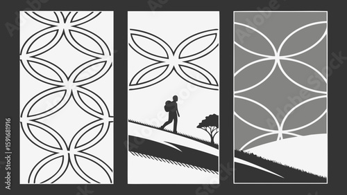 Silhouetted hiker on hillside with abstract patterns, conveying adventure and nature's beauty.