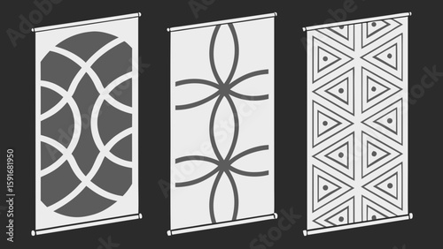 Three unique modern wall art designs featuring geometric patterns in grayscale.