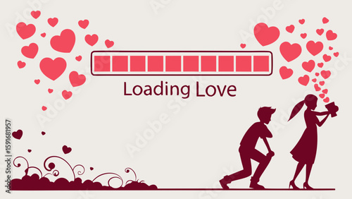 A playful illustration of a couple with loading love graphics featuring hearts and whimsical elements.