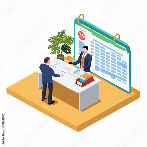 Isometric office scene with businessman showing insurance offer to client