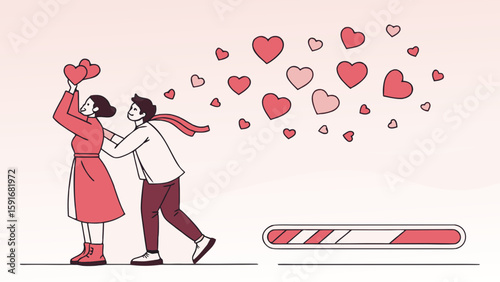 A joyful couple, a woman in a red coat and a man in a white sweater, celebrating love with floating hearts around them.