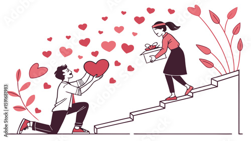 A young man kneels on stairs, offering a heart to a woman with a gift, surrounded by hearts and foliage.