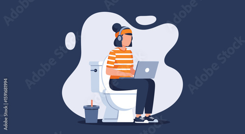 Woman working on laptop while sitting on toilet - illustration for blog post or social media.