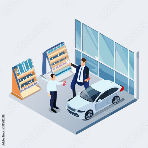 Isometric vector illustration of car salesman presenting a new car model to customer at showroom