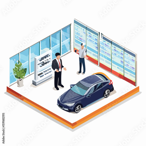 Isometric vector illustration of car salesman presenting a new car model to customer at showroom