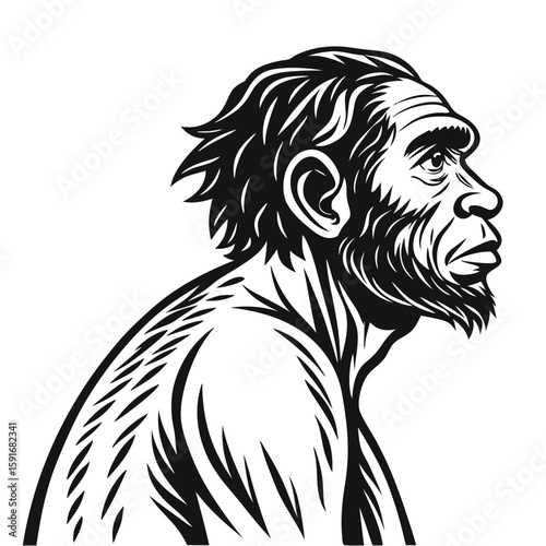 Profile of a prehistoric man with a beard, isolated on white