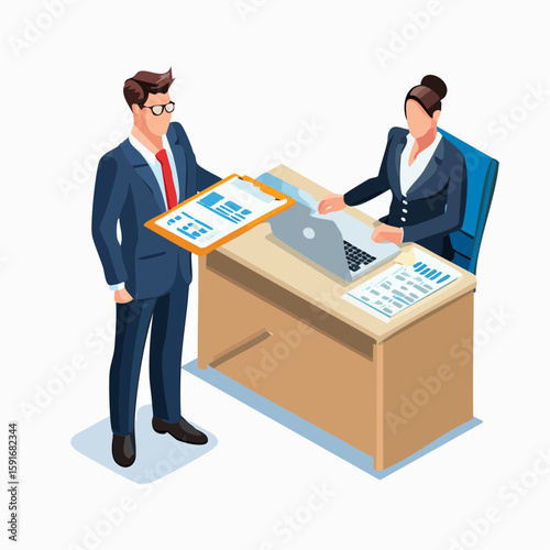 Isometric vector illustration of financial advisor in formal suit presenting investment plan