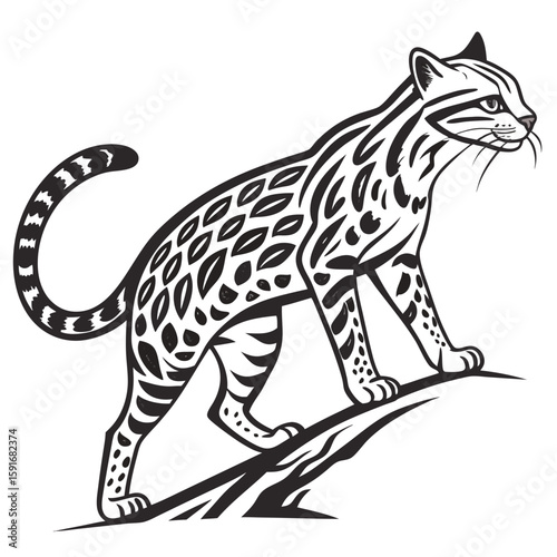 Ocelot standing on a branch with spotted fur