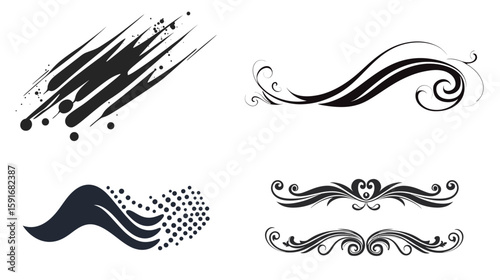 Elegant bold monochrome vector scroll divider with vintage ornamental curves, symmetrical flourish line art, and minimalistic black and white baroque elements for classic frame borders and decorative 