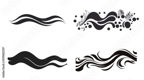 Elegant bold monochrome vector scroll divider with vintage ornamental curves, symmetrical flourish line art, and minimalistic black and white baroque elements for classic frame borders and decorative 