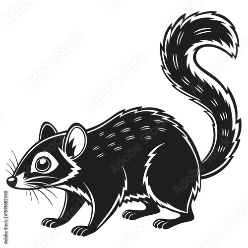 A cute squirrel with a bushy striped tail isolated on white background