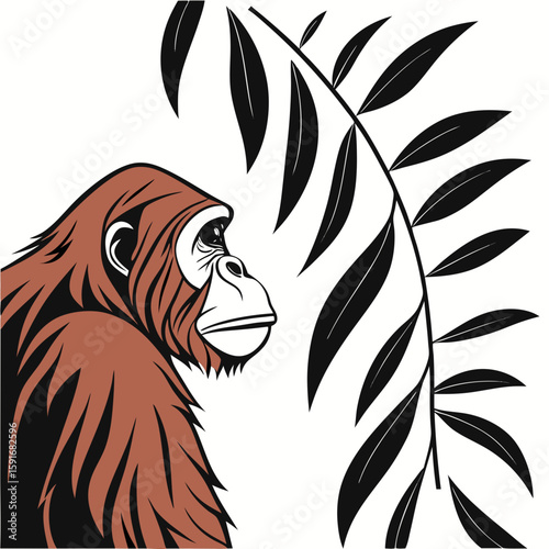 Orangutan looking at tropical leaves