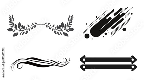 Elegant bold monochrome vector scroll divider with vintage ornamental curves, symmetrical flourish line art, and minimalistic black and white baroque elements for classic frame borders and decorative 