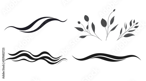 Elegant bold monochrome vector scroll divider with vintage ornamental curves, symmetrical flourish line art, and minimalistic black and white baroque elements for classic frame borders and decorative 