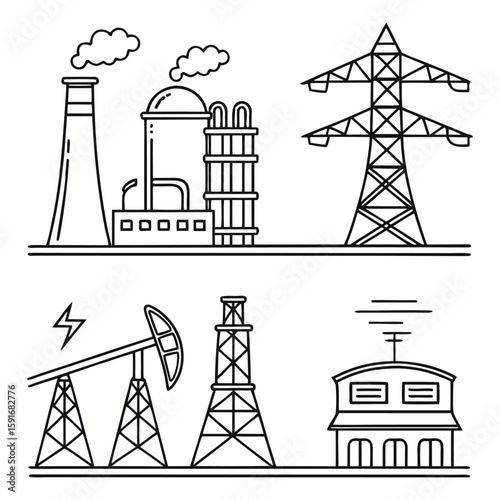 Set of 6 line art icons depicting industrial power plants, transmission towers, and oil rigs. Perfect for energy, infrastructure, and industrial designs.