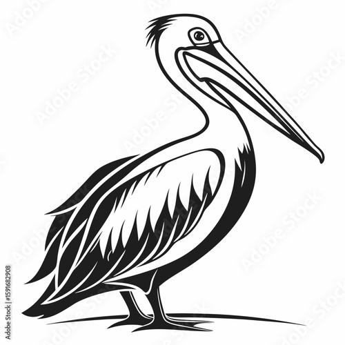 A stylized black pelican with a large beak isolated on white