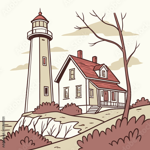 A lighthouse and house on a coastal landscape