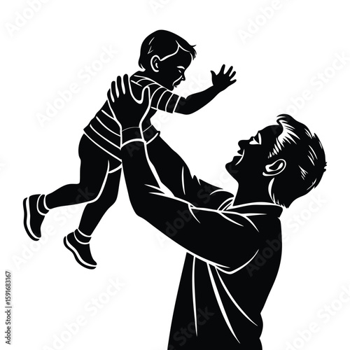 A heartwarming silhouette of a father joyfully lifting his child. A black and white vector illustration representing family love, happiness, and Father's Day.

