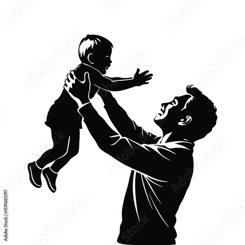 A loving father lifts his happy child. A black and white silhouette vector illustration celebrating fatherhood, family love, and joyful moments.
