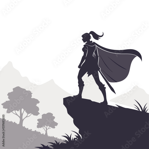 Bold silhouette of a female warrior with a cape and sword standing on a cliff, overlooking mountains and trees, perfect for strength, fantasy, and adventure themes.