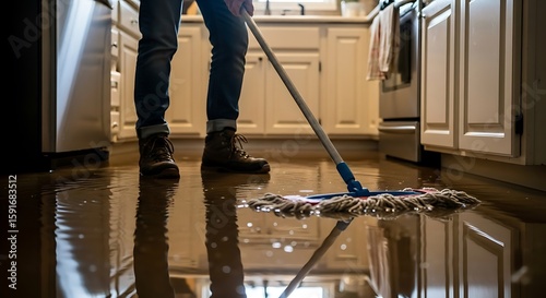 Water Damage Cleanup in Kitchen with Mop