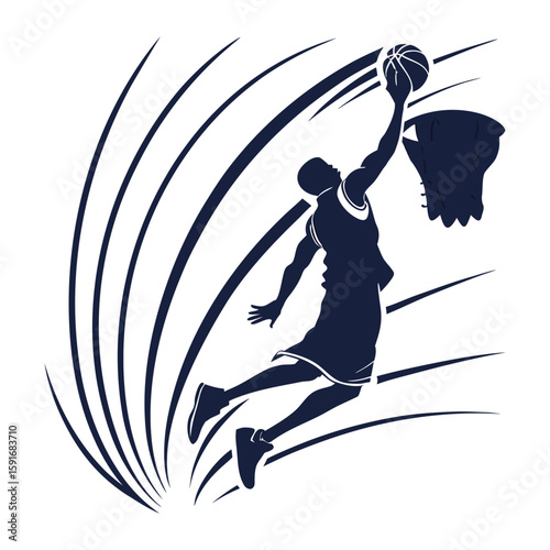 Dynamic silhouette of a basketball player dunking with motion lines, perfect for sports, action, and athletic themes.