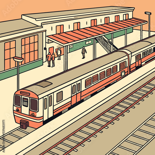 Train Station with Tracks, Platforms, and Trains – Transportation Vector Illustration