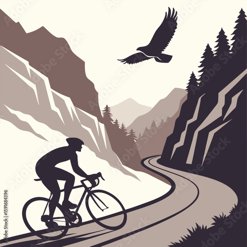 Stunning silhouette of a cyclist riding through a mountainous landscape with an eagle soaring overhead, featuring winding roads, pine trees, and rugged cliffs. Perfect for outdoor and adventure themes