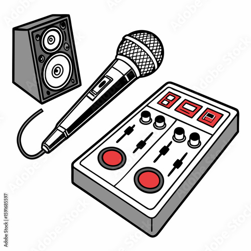 Music Studio Equipment – Microphone, Speakers, and Mixing Console Vector Illustration on White Background