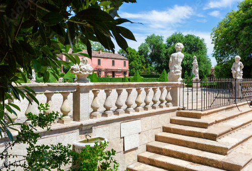 Galzignano Terme, Padua, Italy-May 17, 2025:Side view of the facade Villa Barbarigo from Charming of the cherubs and Fountana, Pizzoni Ardemani, Valsanzibio, historic palace (16th-17th century).