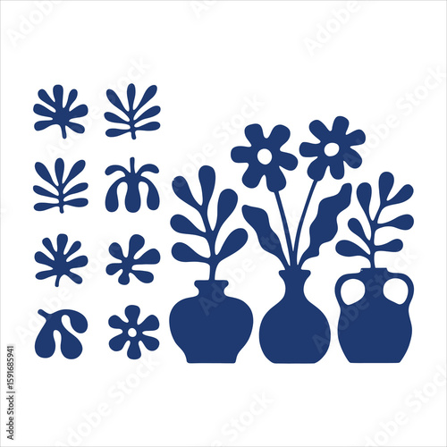 Dark blue abstract floral shapes and vases on white background vector