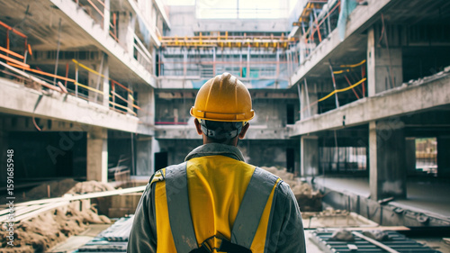 Construction worker surveys unfinished building's interior, assessing progress amidst exposed concrete and scaffolding.