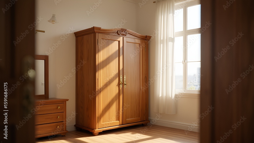 Fototapeta premium Sunlight streams through window illuminating a vintage wardrobe in a bright, airy bedroom interior.