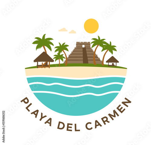 Wallpaper Mural Flat design logo of Playa del Carmen with Mayan pyramid, beach, palm trees and turquoise Caribbean waters Torontodigital.ca