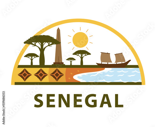 Senegal travel emblem in flat style with Baobab trees, traditional boats, obelisk, sun and African motifs