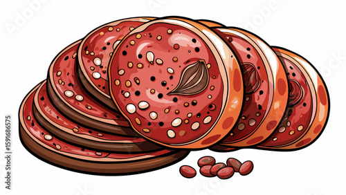 Cured salami slices with fat specks and black peppercorns displayed against a white background. The detailed texture and savory look make it great for charcuterie-style vector illustrations.