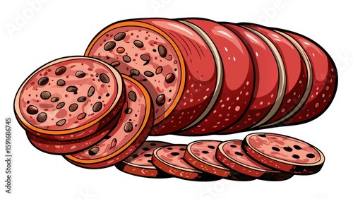 Cured salami slices with fat specks and black peppercorns displayed against a white background. The detailed texture and savory look make it great for charcuterie-style vector illustrations.