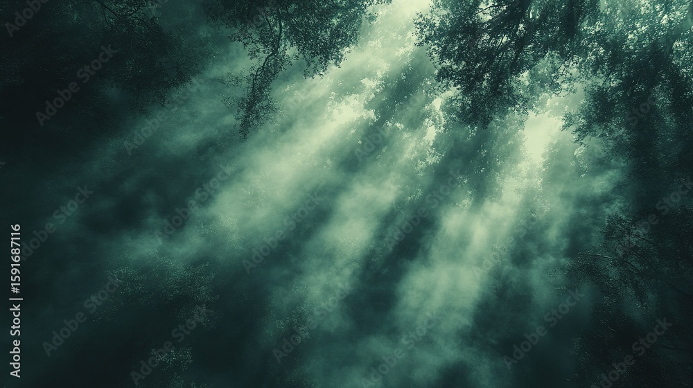 Obraz premium Sunbeams pierce misty forest canopy, background blur, nature wallpaper